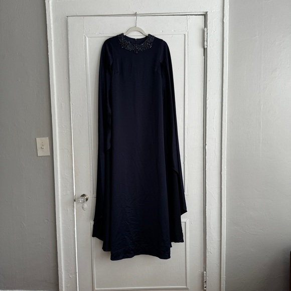 Rickie Freeman For Teri Jon Beaded Cape-Sleeve Satin Gown in Navy - Size 2 - Picture 2 of 14